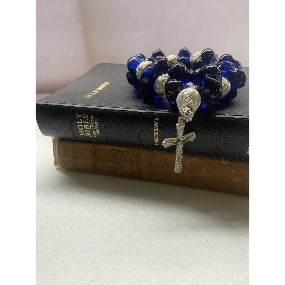 Vintage Italian Blue Murano Glass Rosary Beads Silver Tone Crucifix Handmade